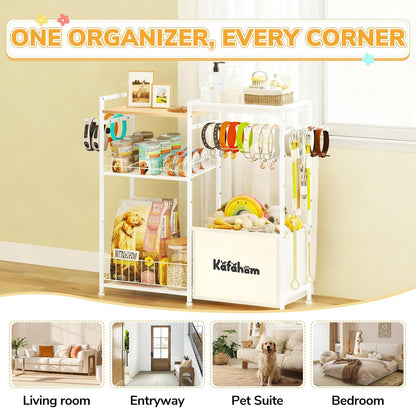 Dog Toy Basket with Collar Leash Holder Hooks, Large Pet Bin, Dog Toy Box for Living Room Area, Cat Stuff Storage Organizer with Cabinet and Can Dispenser, Great Gifts for Pet Lovers