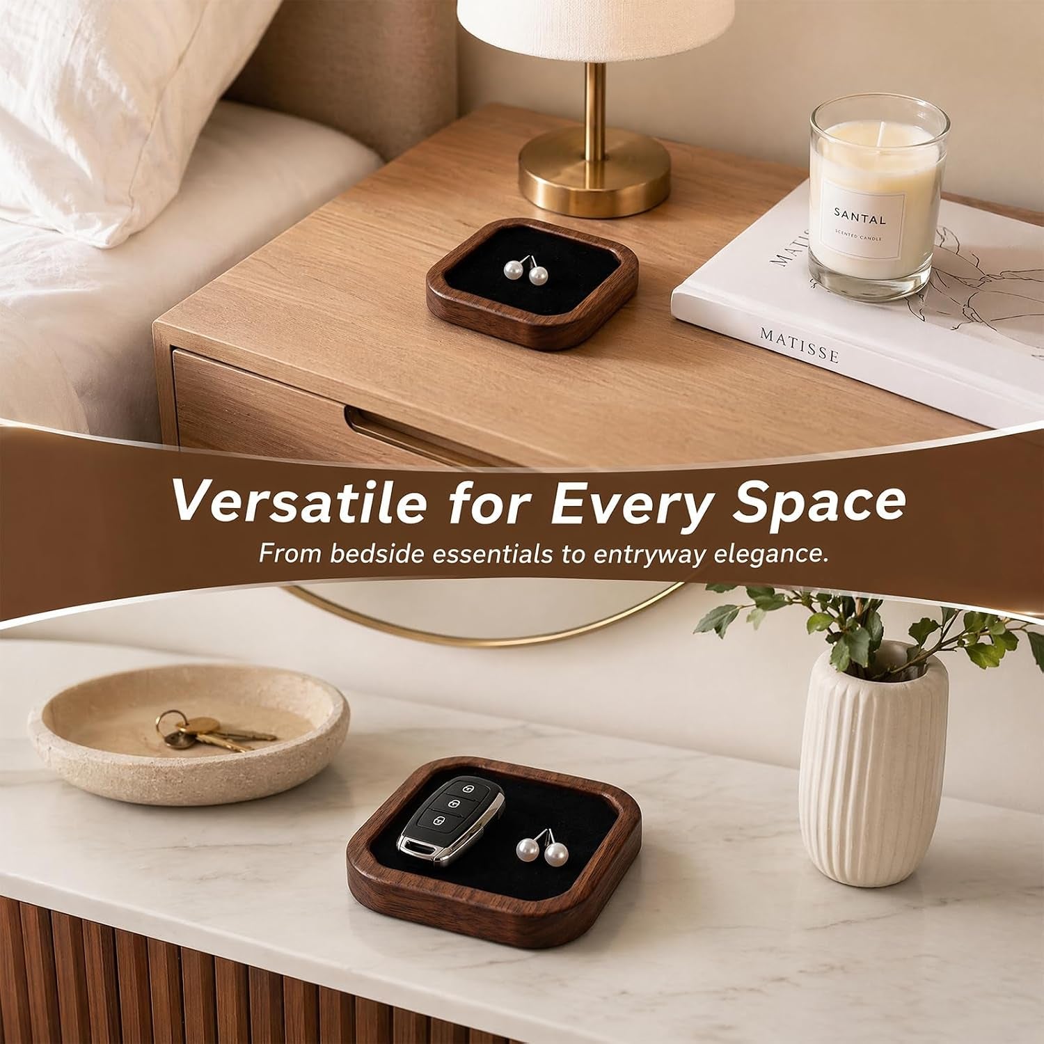 Wooden Jewelry Tray, Ring Holder Trinket Dish, Walnut Wood with Black Velvet Lining, 3.7 X 3.7 Inch, Square