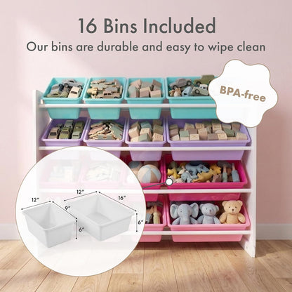Toy Storage Organizer with 16 Removable Storage Bins for Kids Playroom, 4-Tier Toddler Toy Organization, White/Blue/Pink/Purple