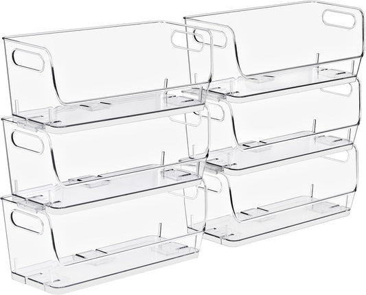 Stackable Storage Bins Open Front, Clear Stackable Storage Bins, Pantry Bins for Storage and Organization, Acrylic Stackable Bins for Kitchen, Clear Pantry Organizer Bins (Small Narrow 6 Pack)