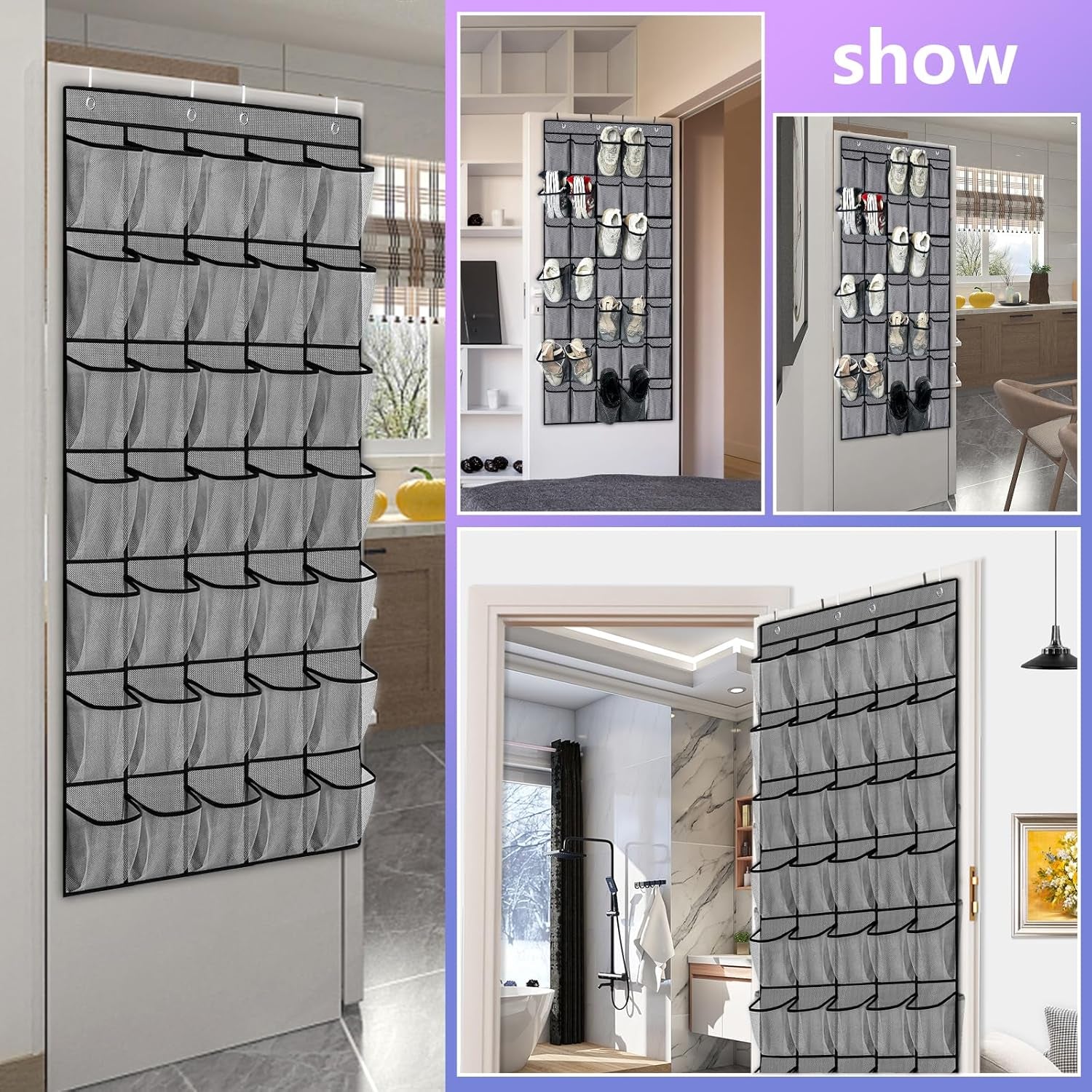 35 Large Pockets over the Door Shoe Organizer, Extra Sturdy Oxford Fabric Hanging Shoe Rack for Door Closet, Wall Mesh Shoe Storage Holder for Mens Women Shoes (Grey)