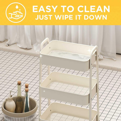 3 Tier Utility Rolling Cart with Lockable Wheels, Metal Multifunctional Storage, Organizer Cart for Kitchen, Office, Living Room, Makeup, Craft, Art Studio, Beige