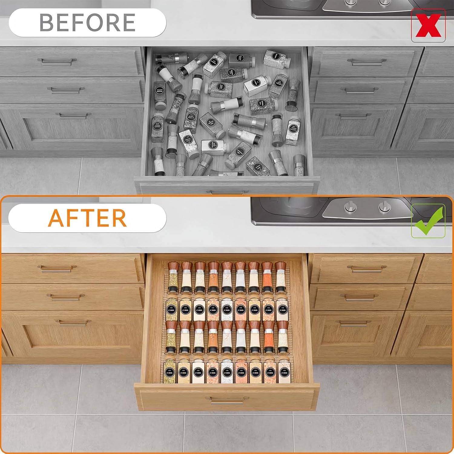 4 Pack Adjustable Spice Rack for Drawer- Expandable from 11" to 22" Expandable Spice Drawer Organizer 4 Tiers Acrylic Seasoning Organizer Rack,Clear Spice Rack Tray for Spices,Condiment (4)