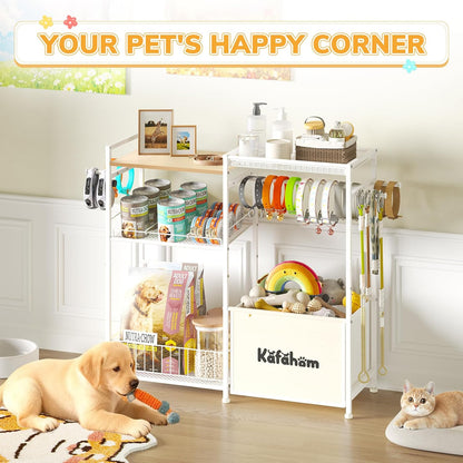 Dog Toy Basket with Collar Leash Holder Hooks, Large Pet Bin, Dog Toy Box for Living Room Area, Cat Stuff Storage Organizer with Cabinet and Can Dispenser, Great Gifts for Pet Lovers
