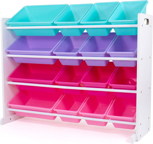 Toy Storage Organizer with 16 Removable Storage Bins for Kids Playroom, 4-Tier Toddler Toy Organization, White/Blue/Pink/Purple