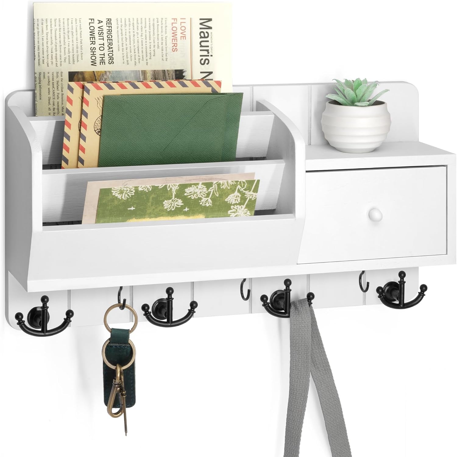 Key Holder Wall Mount and Mail Organizer : Farmhouse Key and Mail Holder for Wall with Drawer and 7 Key Hooks - Decorative Home Organization for Wall Decor Aesthetic (White)