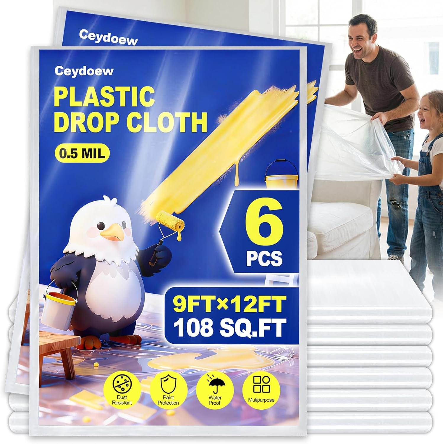 6 Pack Plastic Drop Cloths for Painting 9X12Ft - Disposable Premium Plastic Tarp for Painting, Lightweight Drop Cloth for Painting for Furniture & Floor Protection