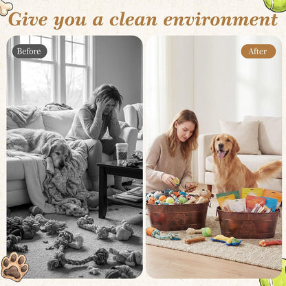 2 Pack Metal Dog Toy Basket Large Copper Oval Puppy Toy Box with Handles Durable Galvanized Dog Bin for Pet Blankets Leashes Storage Living Room Area (21 Quart)