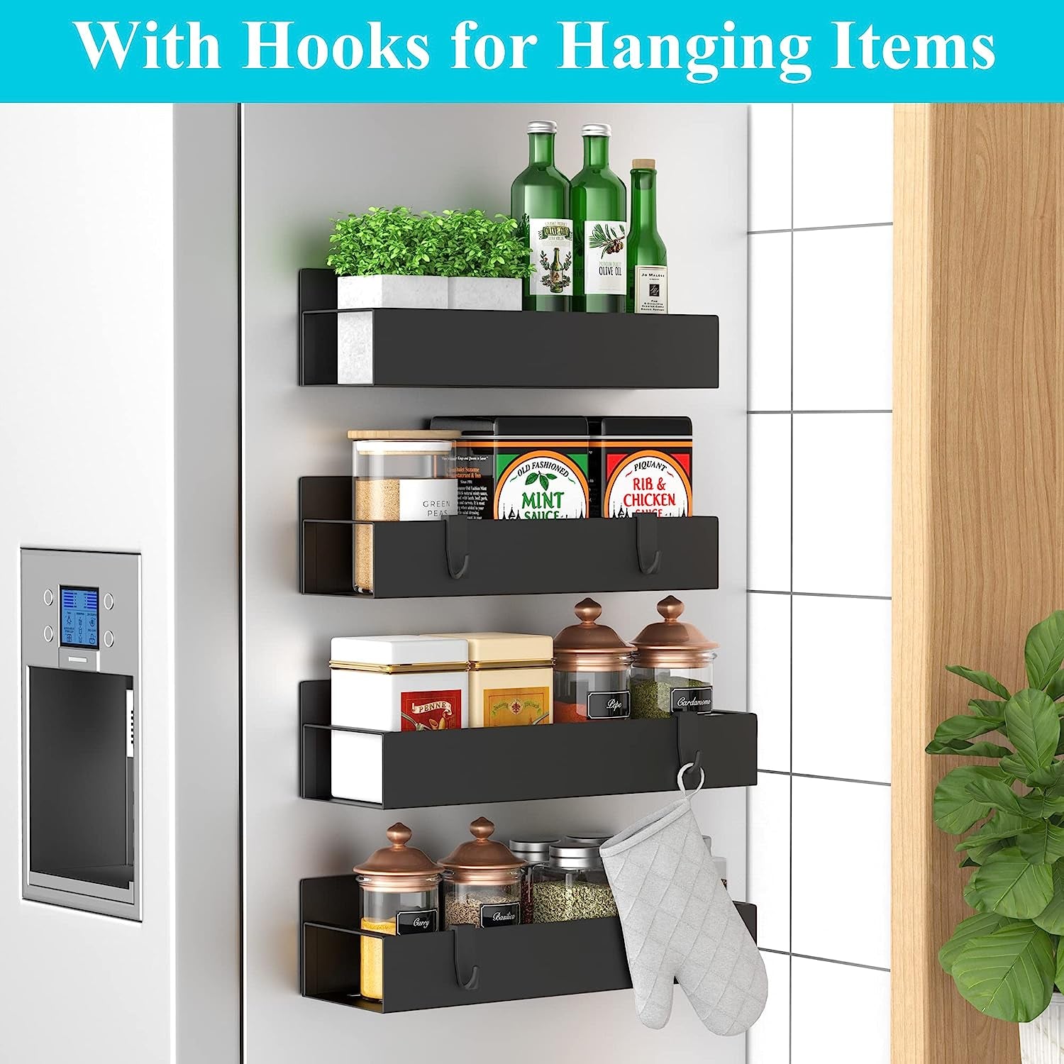 Metal Magnetic Spice Rack for Refrigerator Black, 4 Pack | Magnetic Shelves Heavy Duty for Fridge in Kitchen, Seasoning Storage Organizer, for Oven Washer and Dryer, for Heavier Items