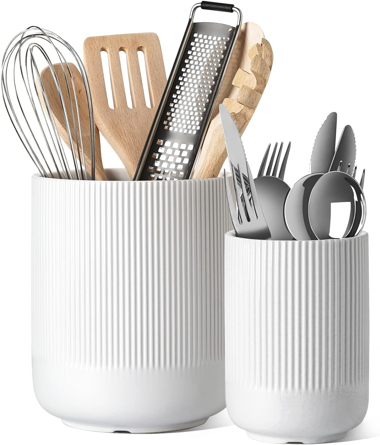 Utensil Holder for Kitchen Counter, 7.3"+5.4" Fluted Ceramic Utensil Crock Organizer for Countertop, Heavy Large Holder for Spatulas, Spoons, Set of 2, White, Kitchen Counter Decor