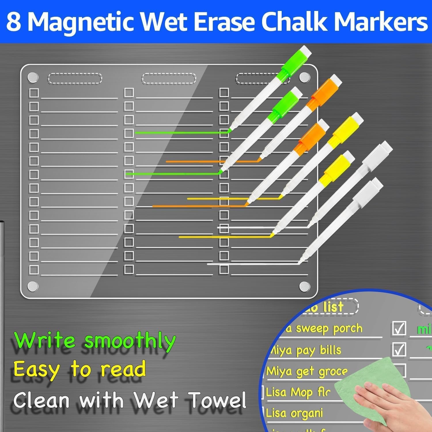 Acrylic Magnetic to Do List Whiteboard for Fridge, 12X9.5 Inch | 3 Columns Clear Dry Erase Board for Tasks and Notes; Fits Curved Doors; Embedded Magnets; 8 Wet-Erase Markers and Towel