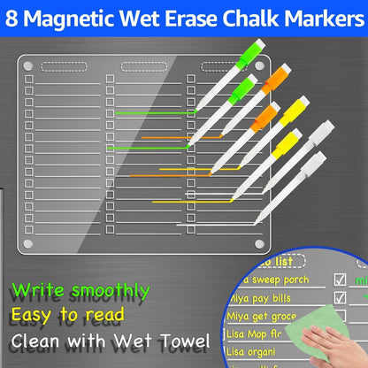 Acrylic Magnetic to Do List Whiteboard for Fridge, 12X9.5 Inch | 3 Columns Clear Dry Erase Board for Tasks and Notes; Fits Curved Doors; Embedded Magnets; 8 Wet-Erase Markers and Towel