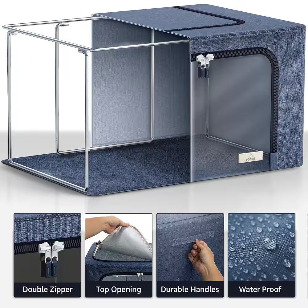 Jumbo Storage Bins, Organizers with Frame, Handles, and Window, Blue 24 In. X 14 In. Polyester Decorative Box Set of 4