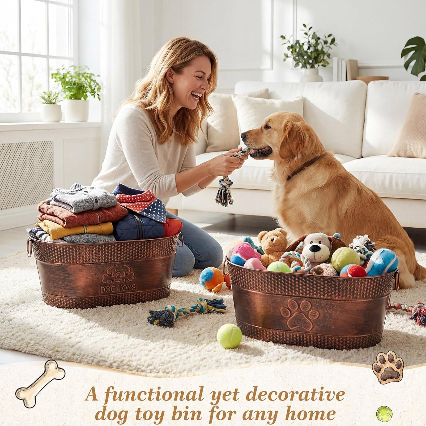 2 Pack Metal Dog Toy Basket Large Copper Oval Puppy Toy Box with Handles Durable Galvanized Dog Bin for Pet Blankets Leashes Storage Living Room Area (21 Quart)