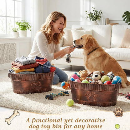 2 Pack Metal Dog Toy Basket Large Copper Oval Puppy Toy Box with Handles Durable Galvanized Dog Bin for Pet Blankets Leashes Storage Living Room Area (21 Quart)