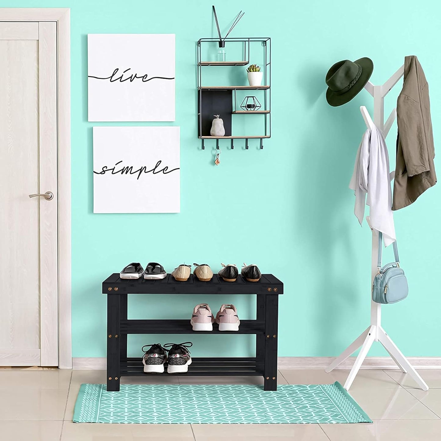 Bamboo 3 Tier Shoe Rack Bench, Premium Shoe Organizer or Entryway Bench, Perfect for Shoe Cubby, Entry Bench, Bathroom Bench, Entryway Organizer, Hallway or Living Room(Black)