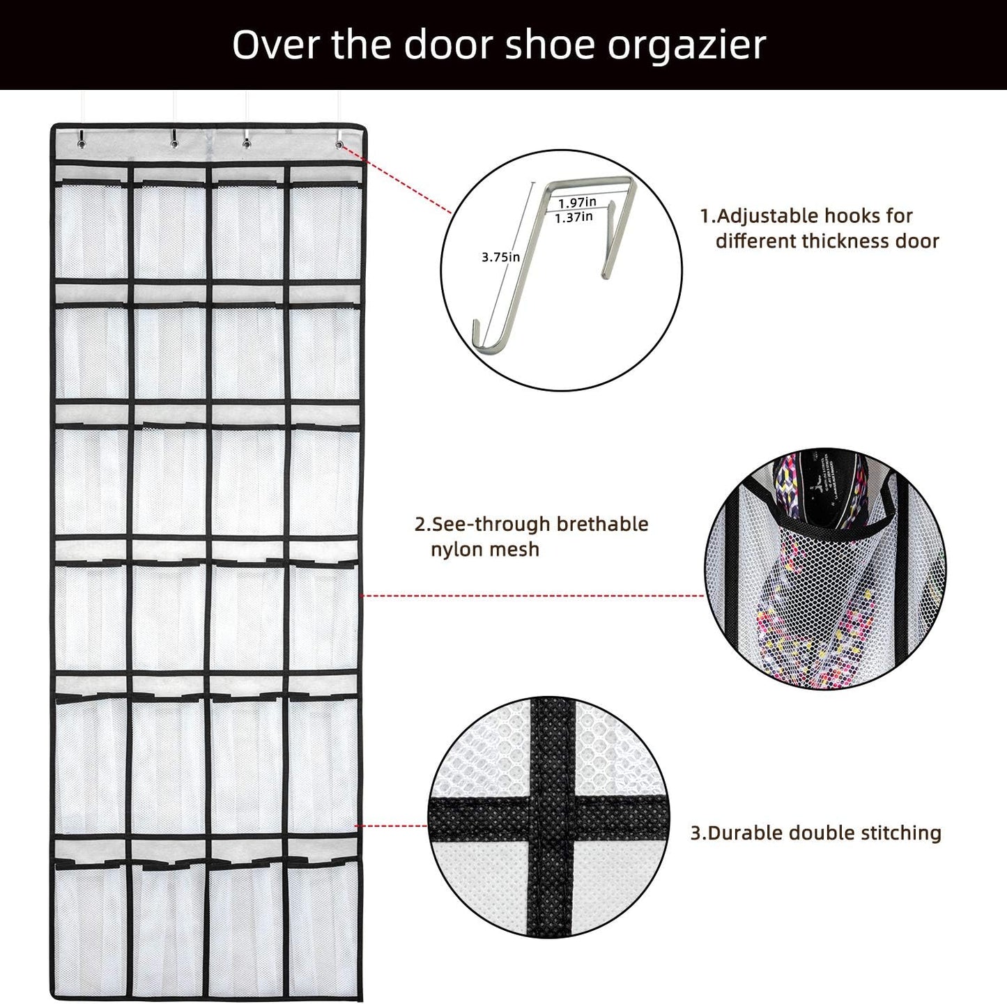 over the Door Shoe Organizer, Hanging Shoe Organizer with 24 Mesh Large Pockets Door Shoe Rack Organizer for Men Women Kids Hanging Shoe Storage Bag.(White