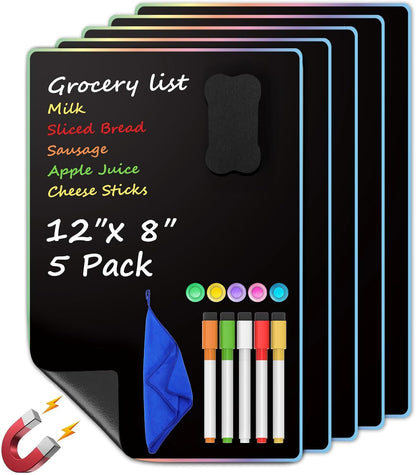 Magnetic Whiteboard for Fridge 12X8 Black 5 Pack | Strong Magnet, Dry Erase, Reusable, Easy Clean, Stain Resistant, Meal Planner, Grocery List, Family Notes, Kitchen Organizer