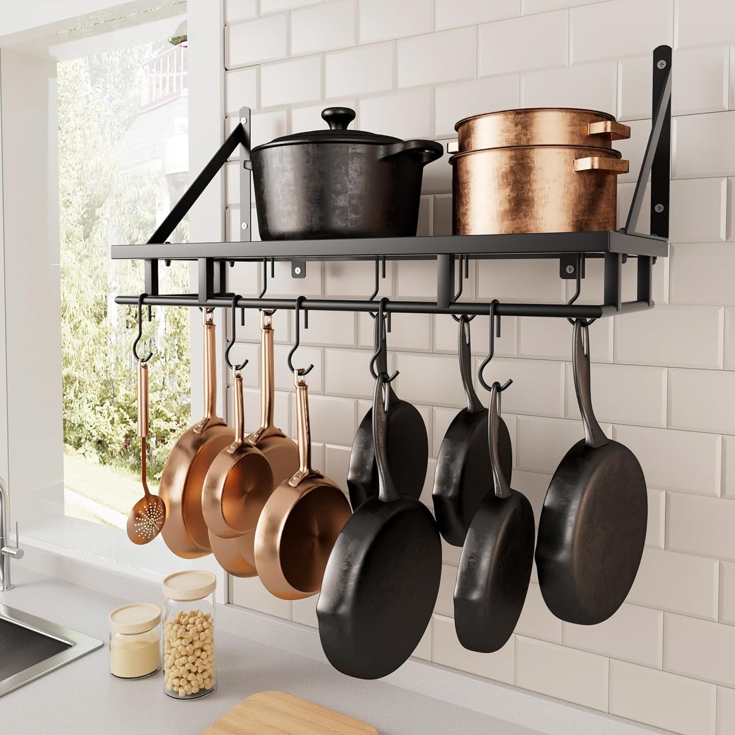 24 Inch Kitchen Pot Pan Rack Wall Mounted Hanging Storage Organizer Wall Shelf with Hooks Matte Black, KUR215S60-BK