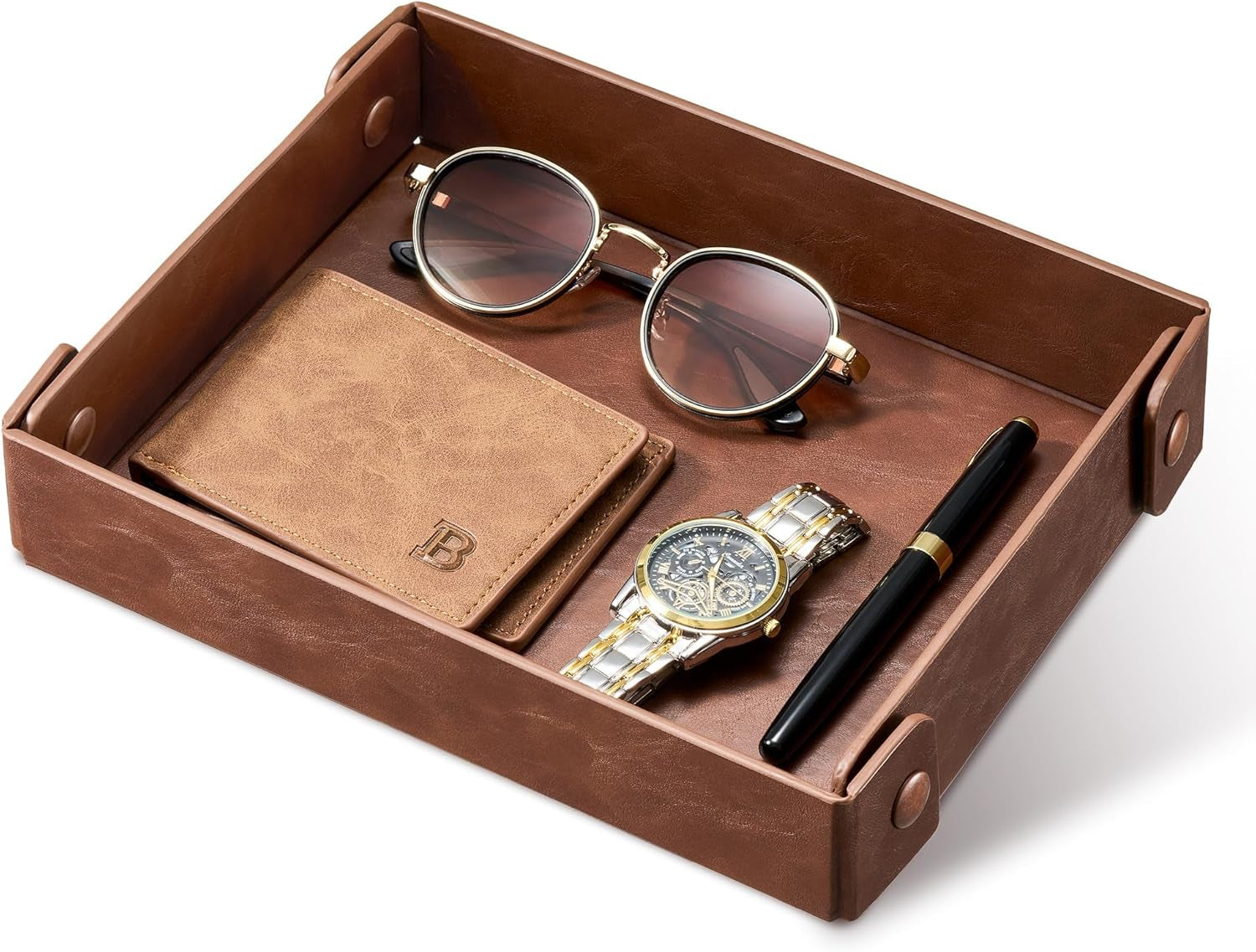 Catch All Valet Tray - EDC Organizer for Key, Wallet, Watch, Jewelry, Phone, Coin Change | Faux Leather Storage Tray for Dresser, Nightstand, Desk, Entryway, Travel Storage | Brown