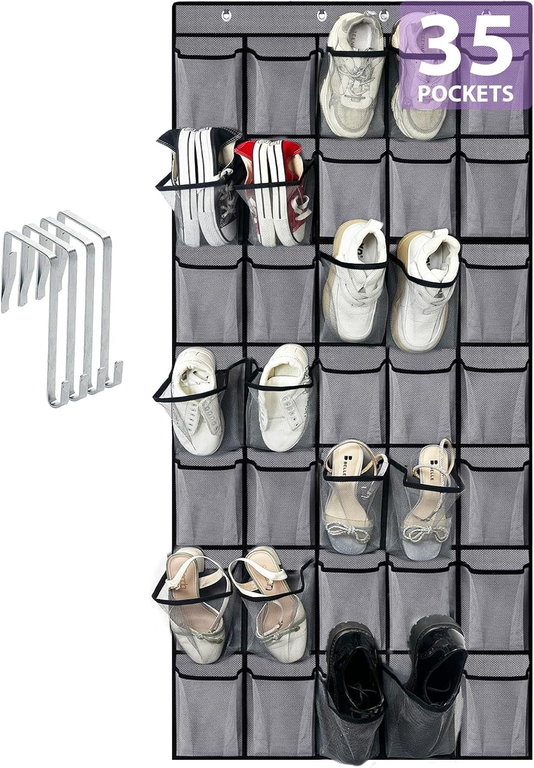35 Large Pockets over the Door Shoe Organizer, Extra Sturdy Oxford Fabric Hanging Shoe Rack for Door Closet, Wall Mesh Shoe Storage Holder for Mens Women Shoes (Grey)