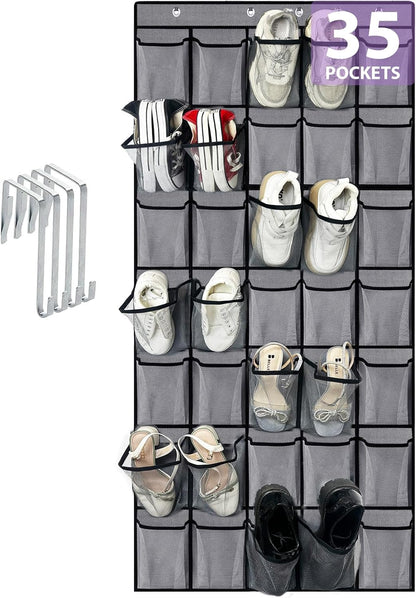 35 Large Pockets over the Door Shoe Organizer, Extra Sturdy Oxford Fabric Hanging Shoe Rack for Door Closet, Wall Mesh Shoe Storage Holder for Mens Women Shoes (Grey)
