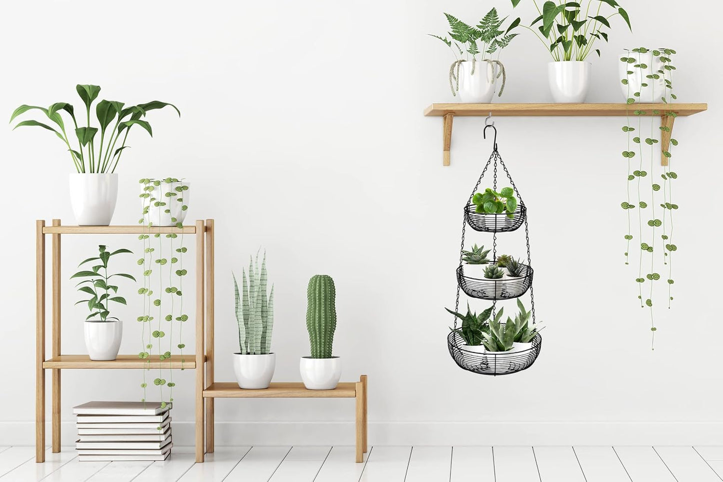 3-Tier Hanging Basket Fruit Organizer Kitchen Heavy Duty Wire Organizer with 2 Free Bonus Metal Ceiling Hooks, Black