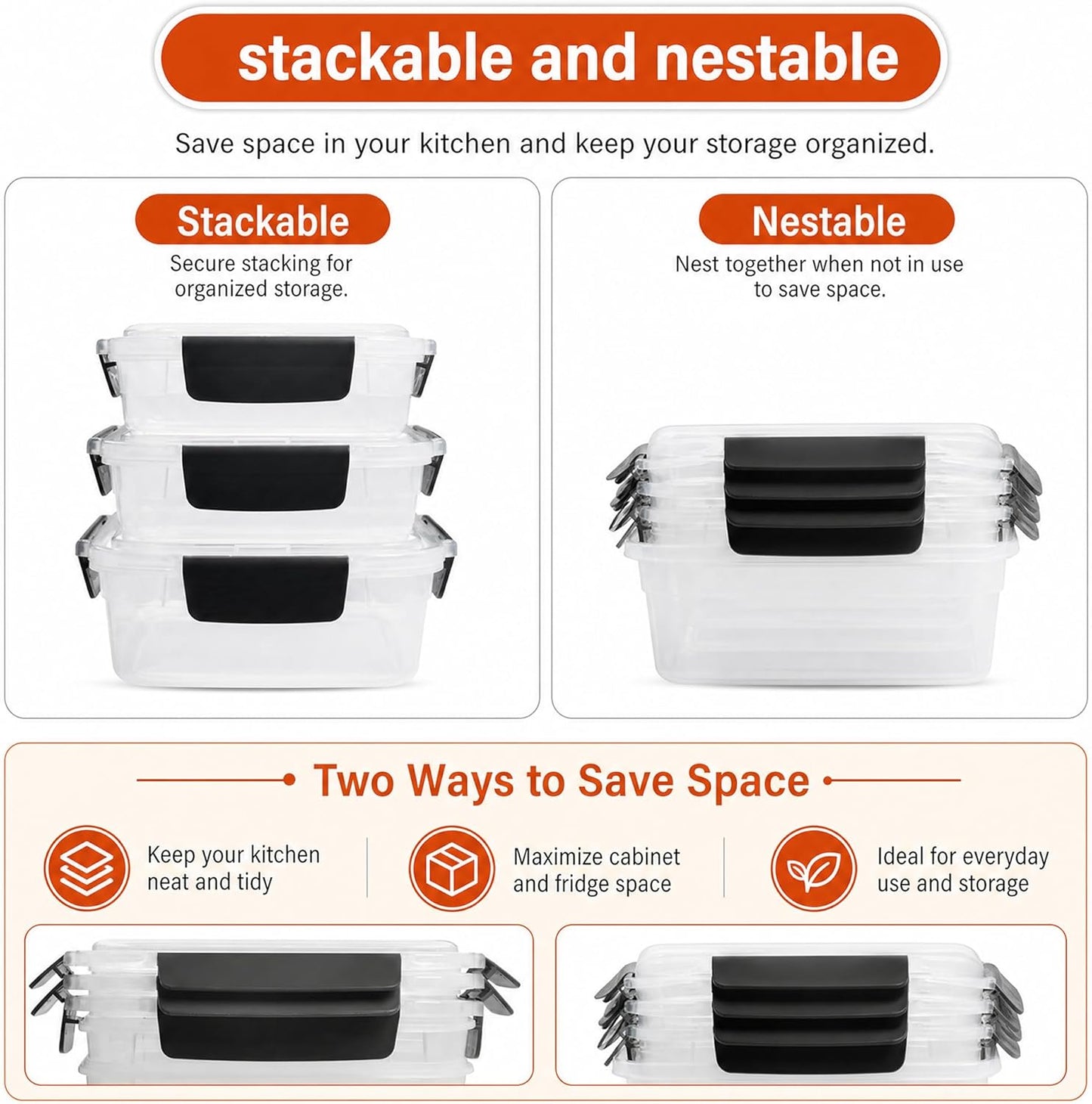 3Cup Plastic Food Storage Containers with Lids for Portion Control,5Pk | BPA Free,Stackable and Nestable,Snaplock Lid ,Freezer Dishwasher Microwave Safe