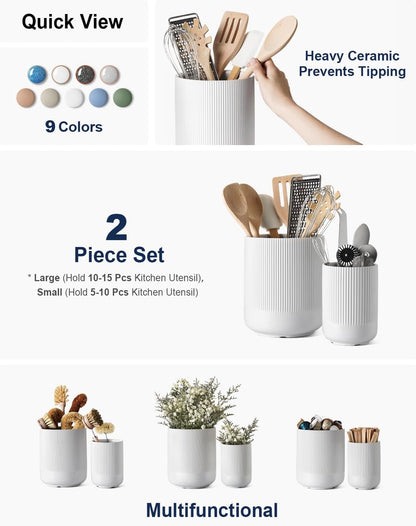 Utensil Holder for Kitchen Counter, 7.3"+5.4" Fluted Ceramic Utensil Crock Organizer for Countertop, Heavy Large Holder for Spatulas, Spoons, Set of 2, White, Kitchen Counter Decor