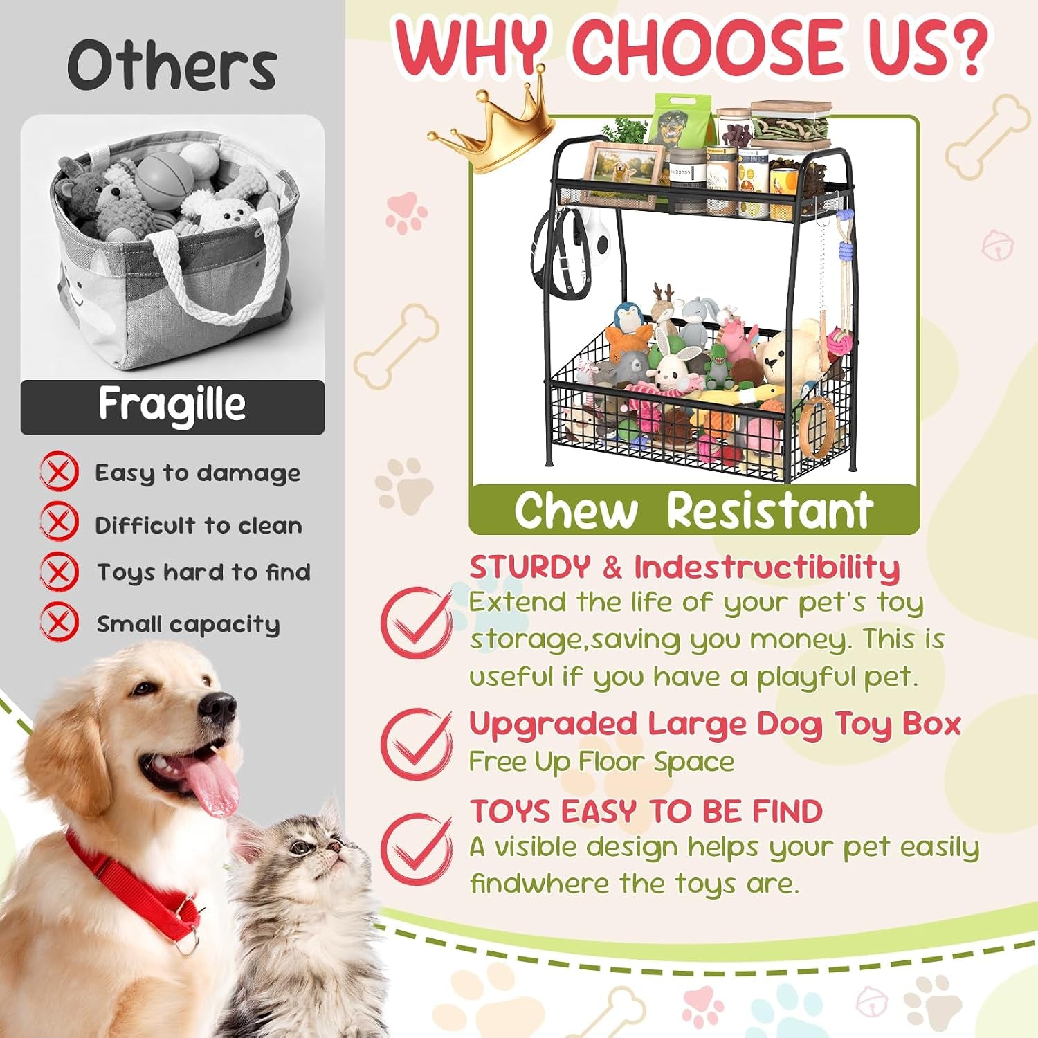 Indestructible Large Dog Toy Basket, Toy Box for Dogs,Pet Toys Bin Dog Metal Wire Basket for Toys, Food Storage, Storage Organizer Chest Storage, Toy Box for Living Room Area (Black)