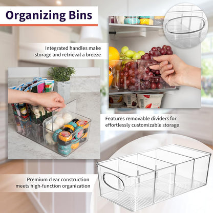 Plastic Pantry Organization and Storage Bins with Removable Dividers – Perfect Kitchen Organization or Kitchen Storage – Refrigerator Organizer Bins, Cabinet Organizers (2 Pack)