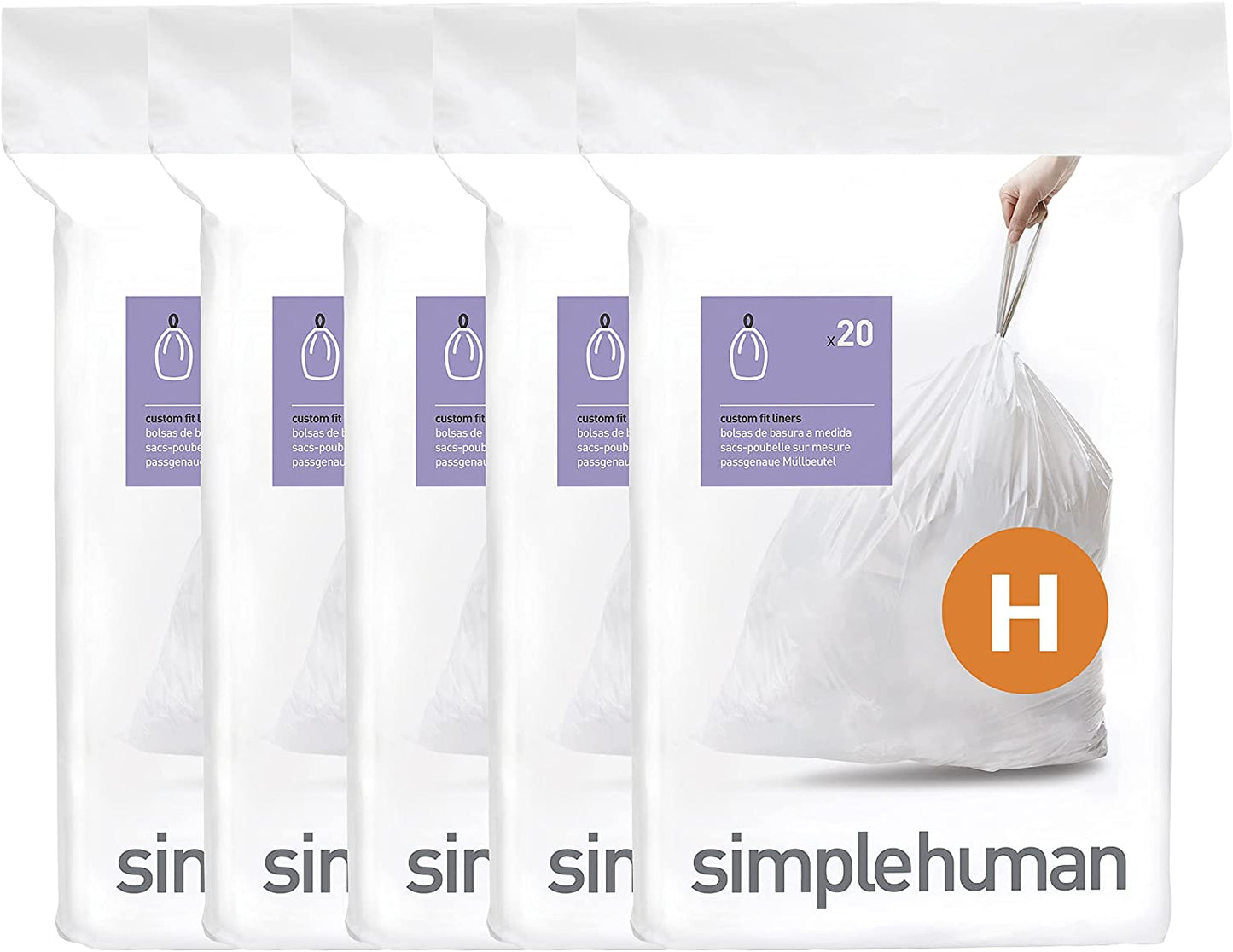 Simplehuman Code H 100 Count Custom Fit Liners, Drawstring Kitchen Trash Bags, One-By-One Mess-Free Dispense, Extra Thick & Double Seamed, 50% PCR Plastic, 30-35 Liter / 8-9 Gallon, White