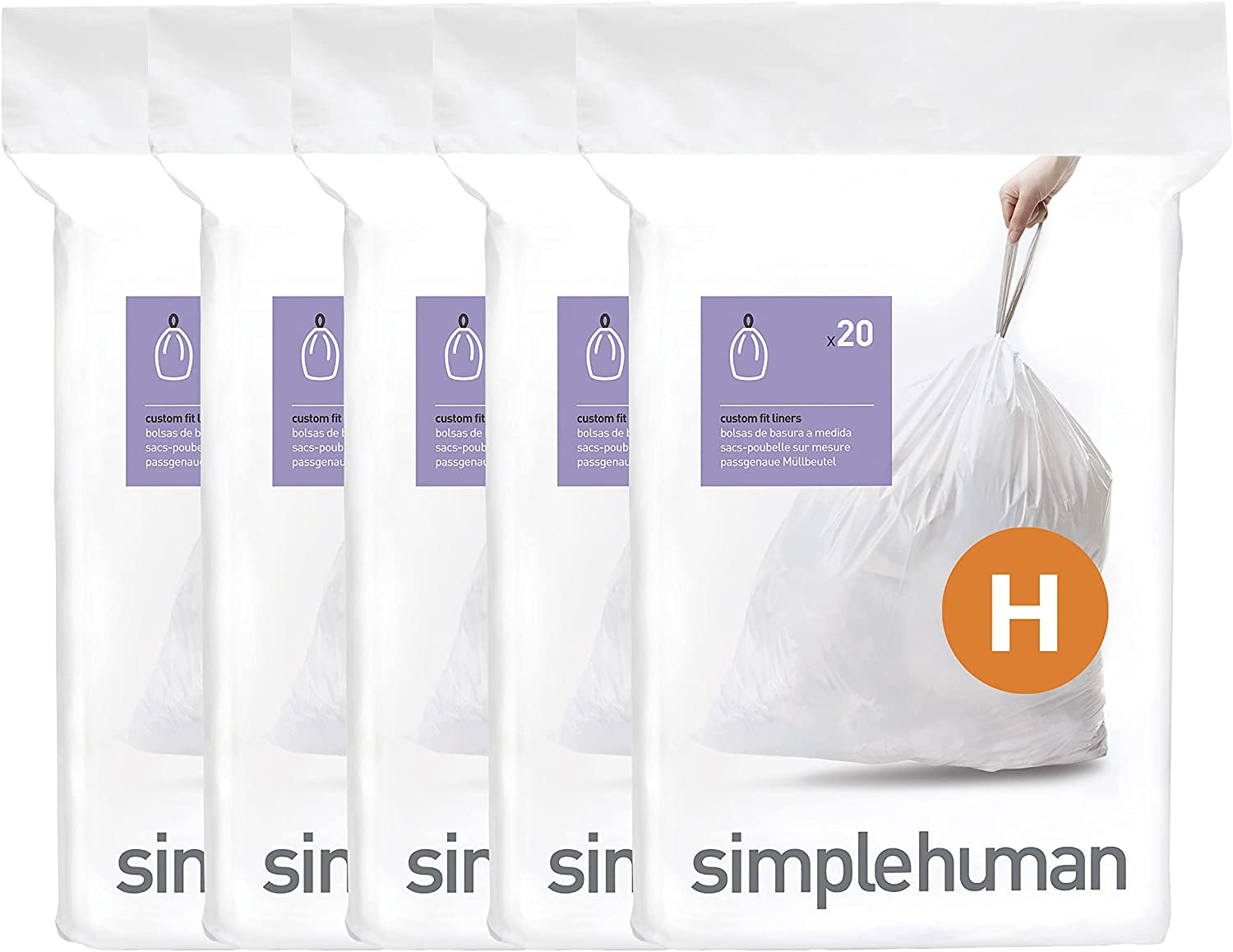 Simplehuman Code H 100 Count Custom Fit Liners, Drawstring Kitchen Trash Bags, One-By-One Mess-Free Dispense, Extra Thick & Double Seamed, 50% PCR Plastic, 30-35 Liter / 8-9 Gallon, White