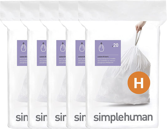 Simplehuman Code H 100 Count Custom Fit Liners, Drawstring Kitchen Trash Bags, One-By-One Mess-Free Dispense, Extra Thick & Double Seamed, 50% PCR Plastic, 30-35 Liter / 8-9 Gallon, White