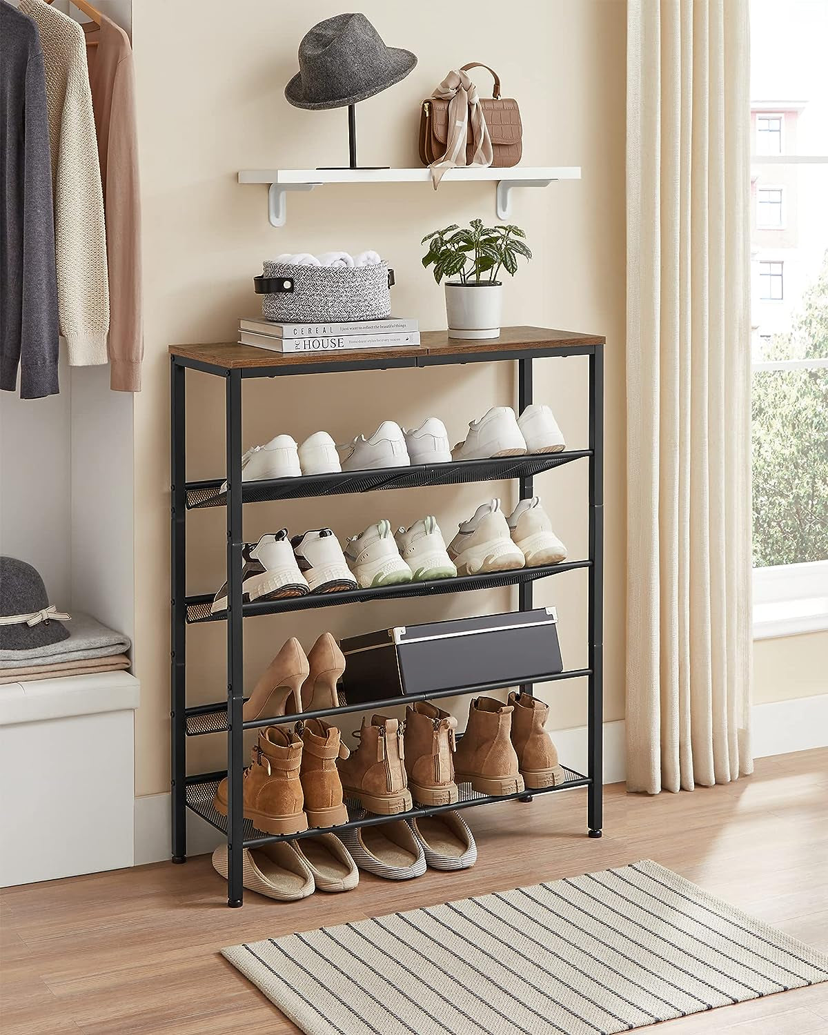 VASAGLE Shoe Rack for Entryway, Freestanding, Adjustable, Industrial | 5-Tier Shoe Rack Organizer with Storage Shelves and Spacious Top, Rustic Brown and Ink Black ULBS038B01