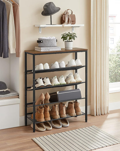 VASAGLE Shoe Rack for Entryway, Freestanding, Adjustable, Industrial | 5-Tier Shoe Rack Organizer with Storage Shelves and Spacious Top, Rustic Brown and Ink Black ULBS038B01