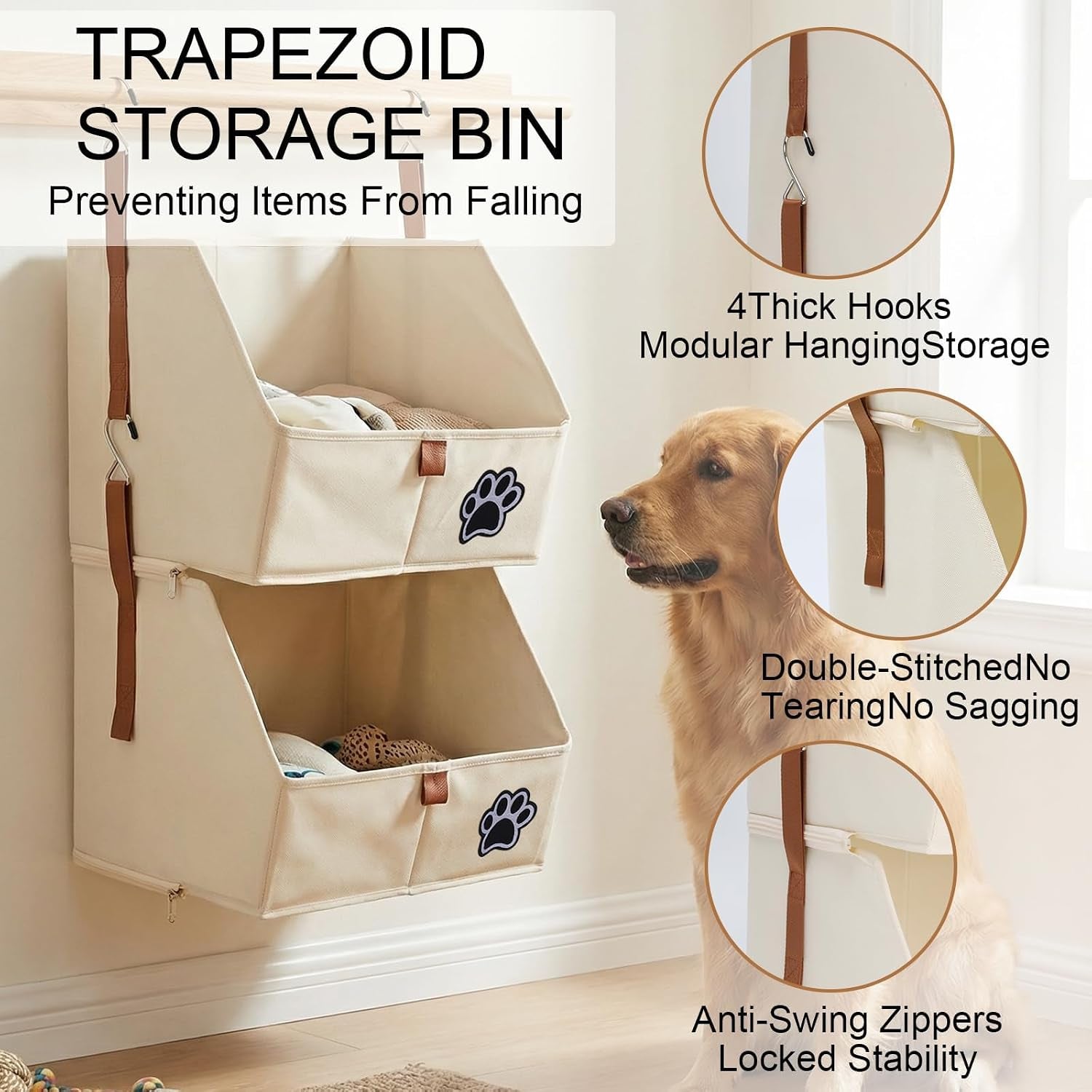 2-Tier Dog Shelves Storage Organizer, Dog Toy Basket, Hanging Closet Organizer for Pet, Fabric Storage Bins Dog Cabinet, Collapsible Baskets for Dog Toys,Collar,Clothes,Blanket -Beige
