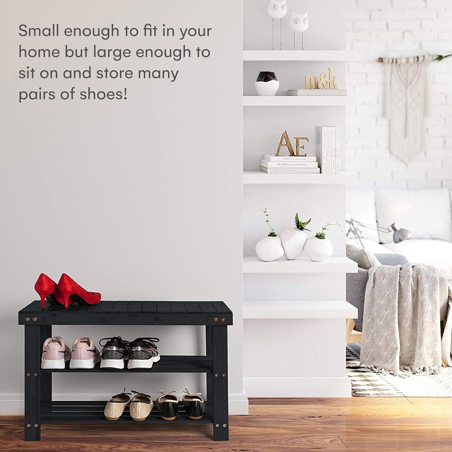 Bamboo 3 Tier Shoe Rack Bench, Premium Shoe Organizer or Entryway Bench, Perfect for Shoe Cubby, Entry Bench, Bathroom Bench, Entryway Organizer, Hallway or Living Room(Black)