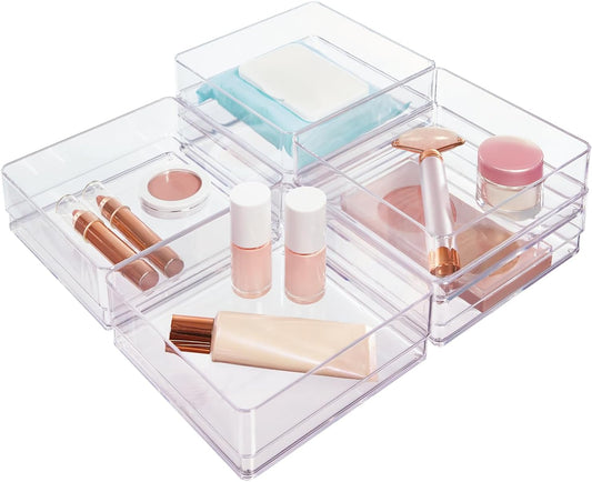 Simplesort 6-Piece Stackable Clear Drawer Organizer Set | 6" X 6" X 2" Square Trays | Small Makeup Vanity Storage Bins and Office Desk Drawer Dividers | Made in USA