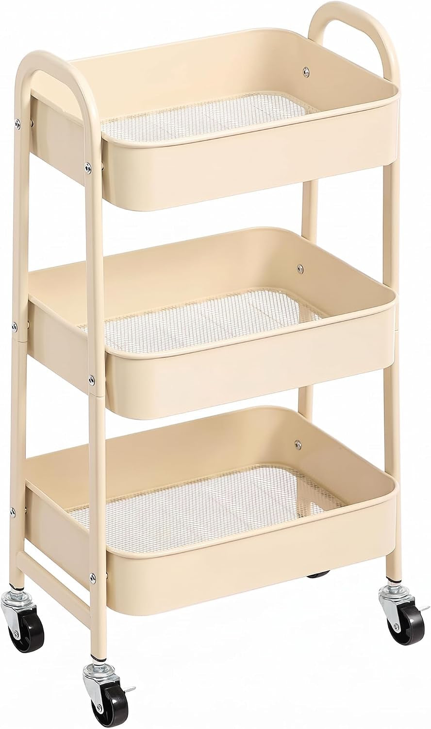 3 Tier Utility Rolling Cart with Lockable Wheels, Metal Multifunctional Storage, Organizer Cart for Kitchen, Office, Living Room, Makeup, Craft, Art Studio, Beige