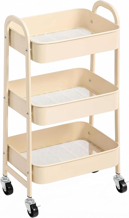 3 Tier Utility Rolling Cart with Lockable Wheels, Metal Multifunctional Storage, Organizer Cart for Kitchen, Office, Living Room, Makeup, Craft, Art Studio, Beige
