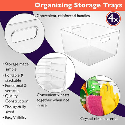 Clear Plastic Storage Bins – XL 4 Pack Perfect for Kitchen,Fridge, Pantry Organization, Cabinet Organizers