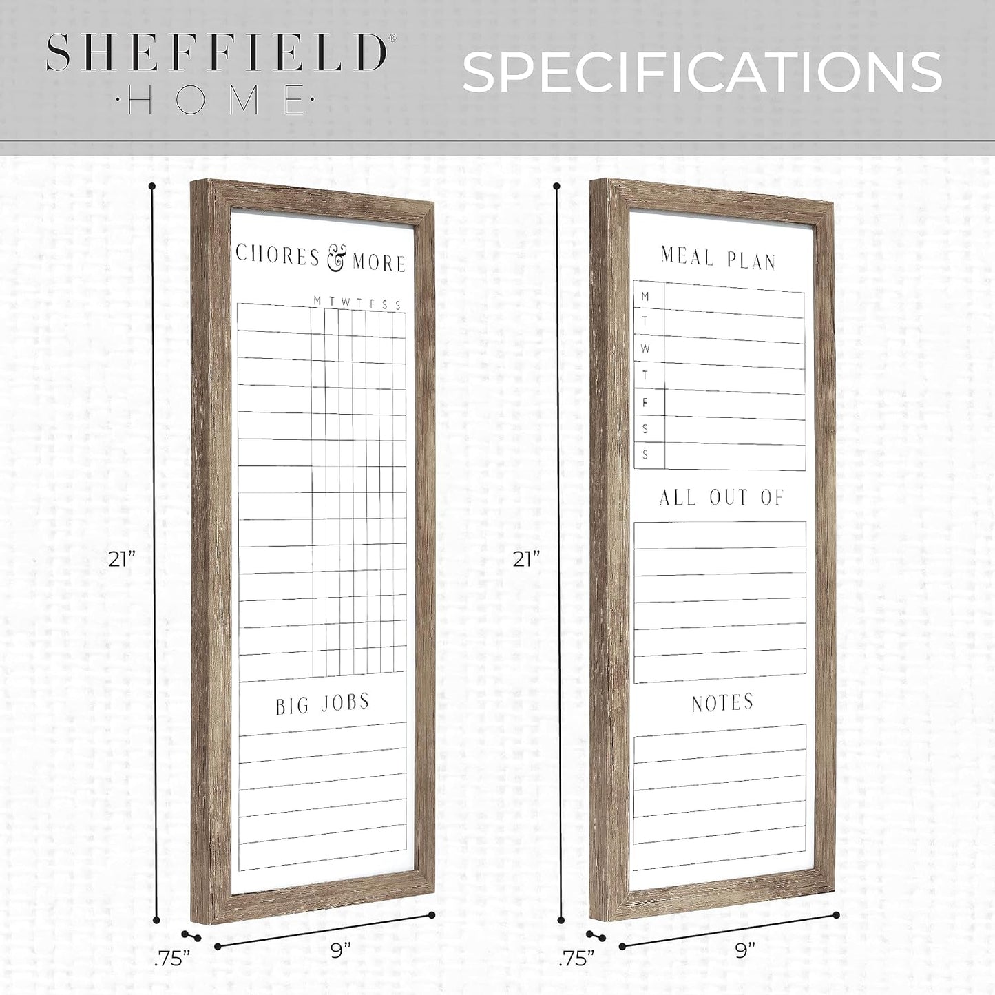 Set of Two Family Planner Dry Erase Boards Featuring, Chore Chart, Shopping List, Weekly Meal Planner and Notes, 9X21 Inch, Natural