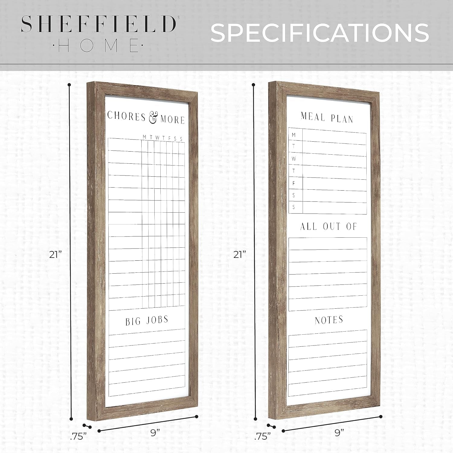 Set of Two Family Planner Dry Erase Boards Featuring, Chore Chart, Shopping List, Weekly Meal Planner and Notes, 9X21 Inch, Natural