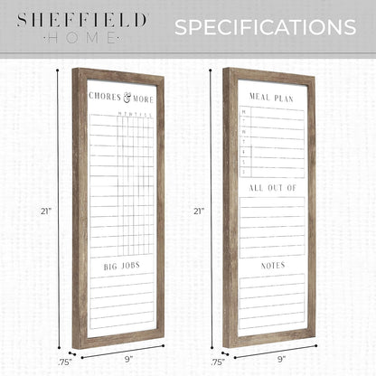 Set of Two Family Planner Dry Erase Boards Featuring, Chore Chart, Shopping List, Weekly Meal Planner and Notes, 9X21 Inch, Natural