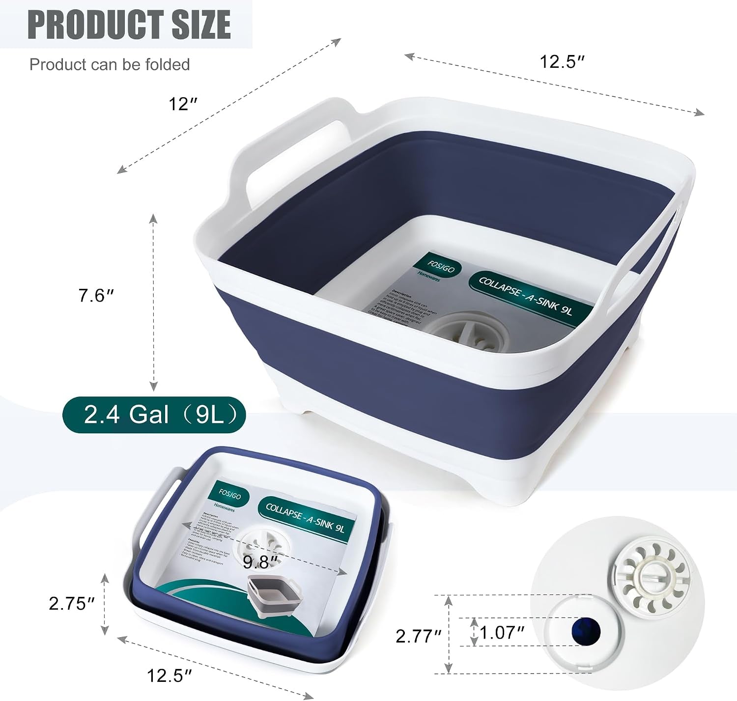 Collapsible Dish Basin with Drain Plug, Foldable Sink, 2.4 Gal (9L) | Space-Saving Wash Basin for Kitchen, Baby Bottles, Vegetable Washing, Camping, RV and Party Beverage Tubs