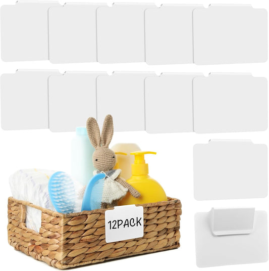 12Pcs White Basket Labels Removable PVC Labels | Clip on for Storage Bins, Removable PVC Labels for Baskets with Holders, 3.5X2.7 Inches