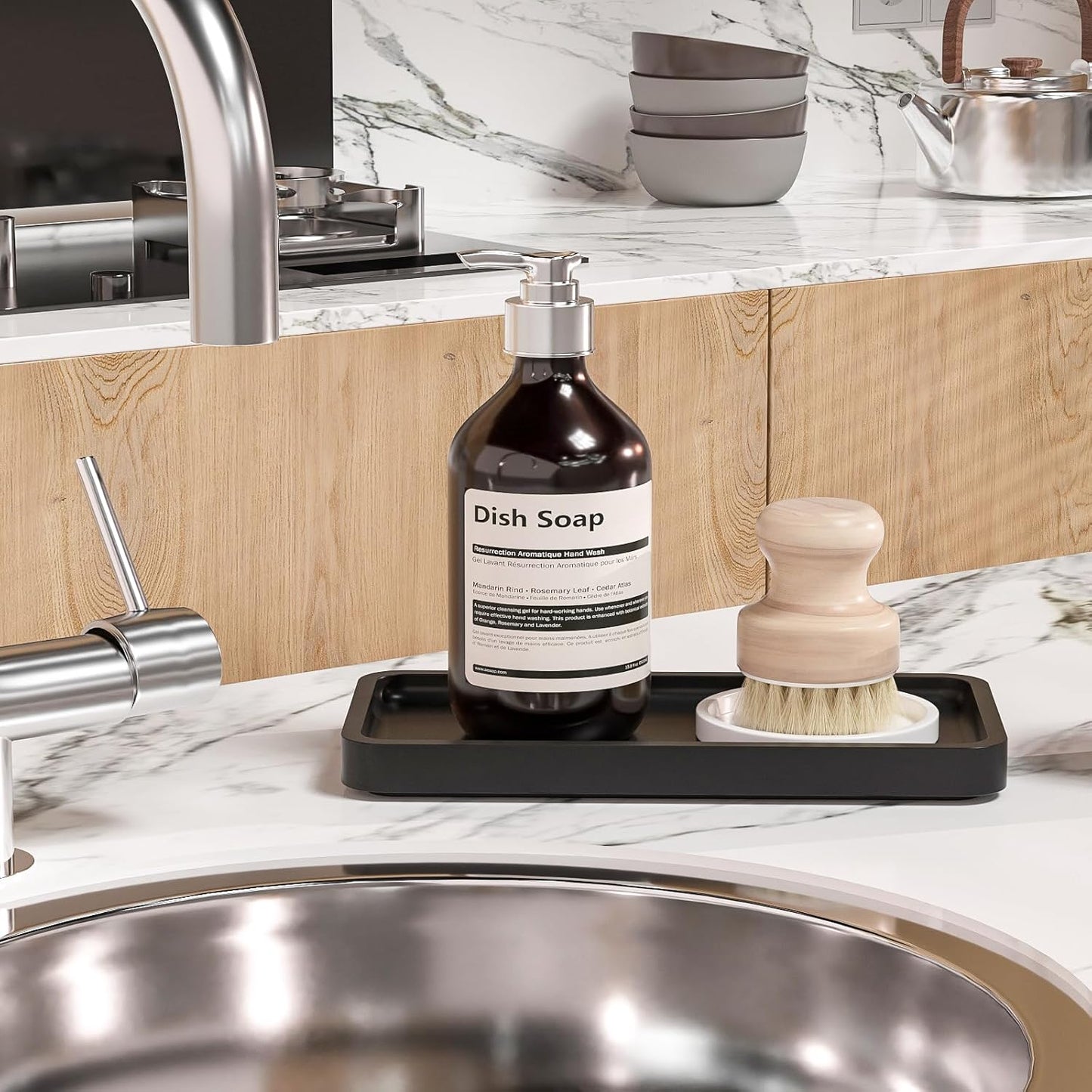 Small Bathroom Vanity Tray for Countertop Makeup Perfume Jewelry Decor Candle Keys, Small Black Kitchen Tray for Soap Dispenser Spice Bamboo Toilet Tray 7.9" L X 4" W X 0.79" H