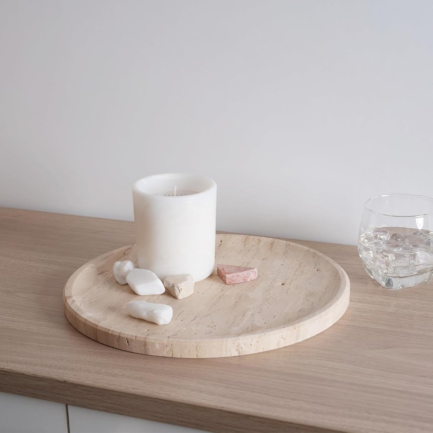 Travertine Tray, 11.8"X0.8" round Serving Tray for Kitchen and Coffee Table, Bathroom Trays for Counter, Decorative Vanity Trays, Catchall Fruit and Snack, Light Beige Ottoman Tray