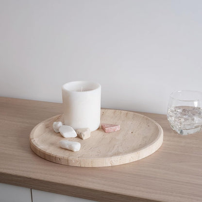 Travertine Tray, 11.8"X0.8" round Serving Tray for Kitchen and Coffee Table, Bathroom Trays for Counter, Decorative Vanity Trays, Catchall Fruit and Snack, Light Beige Ottoman Tray